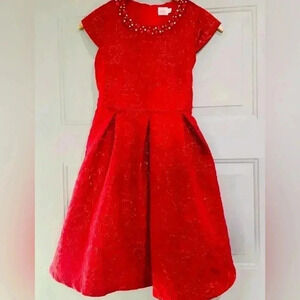 Wonder Nation Red Metallic Floral Brocade Fit & Flare Dress LIKE NEW